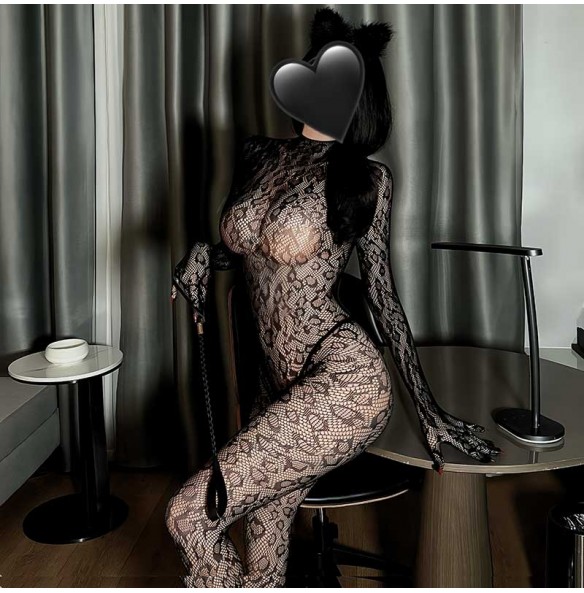 FEE ET MOI - Leopard Print High-Neck Backless Bodystocking (Black) FEE ET MOI - Leopard Print High-Neck Backless Bodystocking (Black)